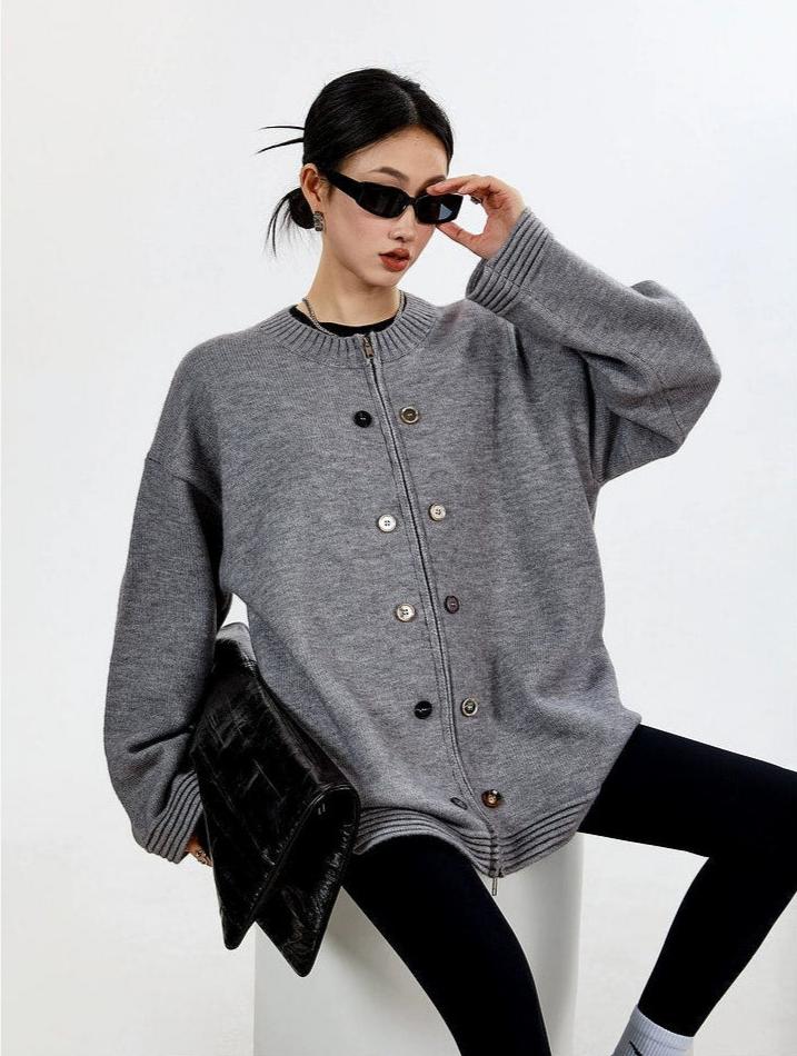Ribbed Trim Oversized Button Zip Knit Cardigan - Image 16