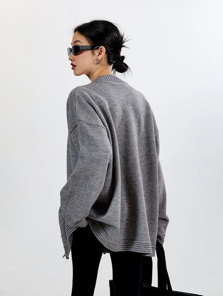 Ribbed Trim Oversized Button Zip Knit Cardigan - Image 17