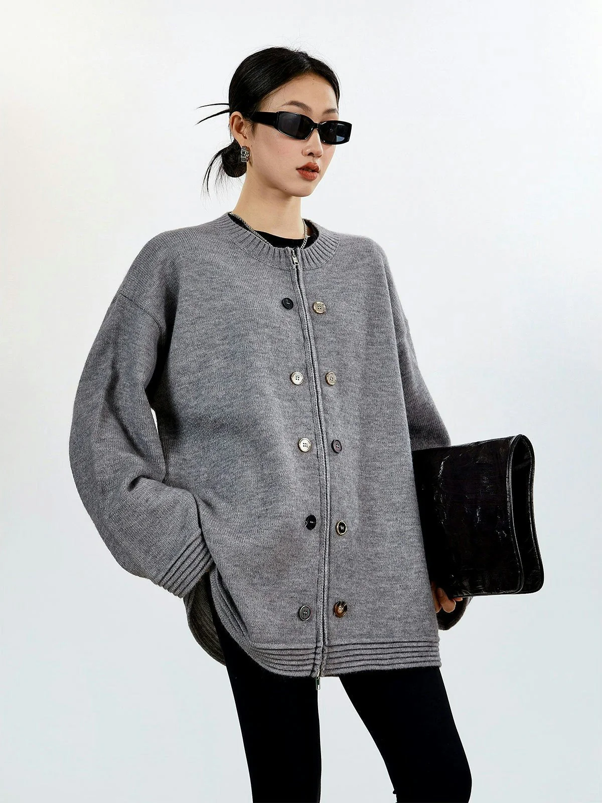 Ribbed Trim Oversized Button Zip Knit Cardigan - Image 18
