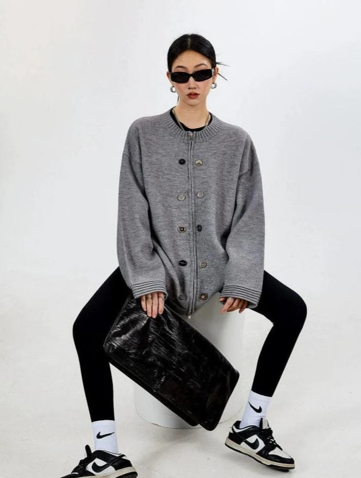 Ribbed Trim Oversized Button Zip Knit Cardigan - Image 19