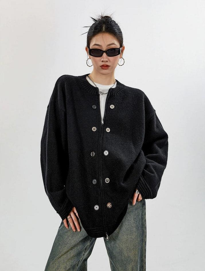 Ribbed Trim Oversized Button Zip Knit Cardigan - Image 2