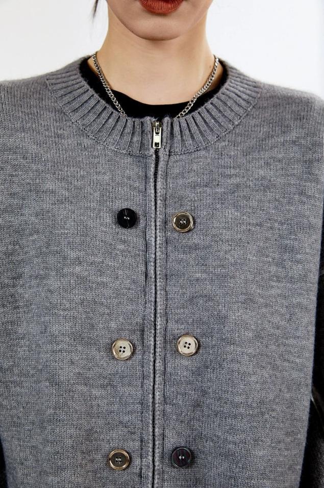 Ribbed Trim Oversized Button Zip Knit Cardigan - Image 20