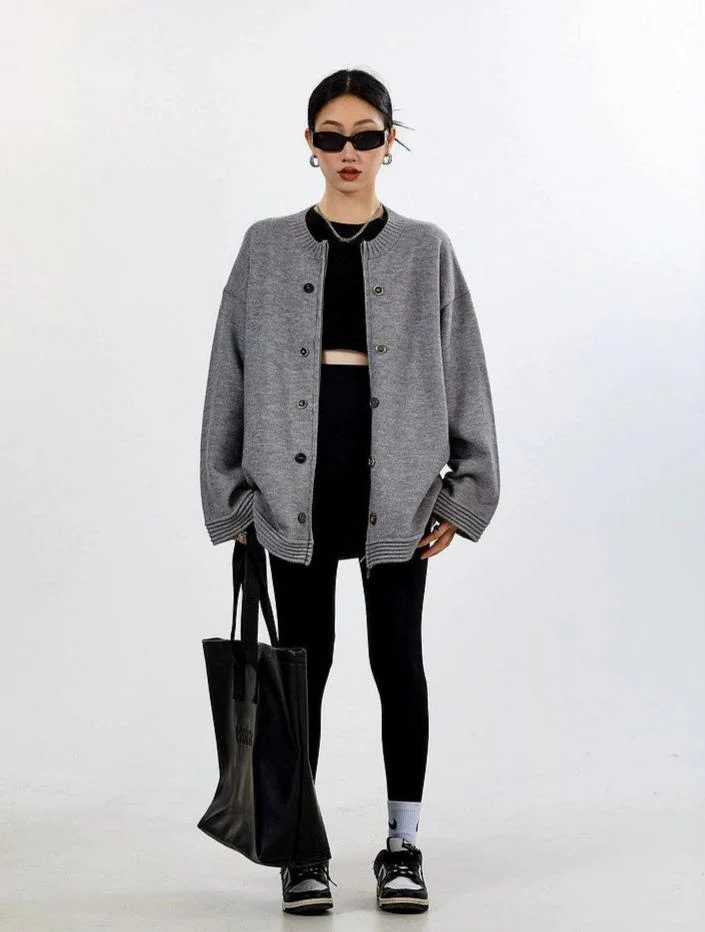 Ribbed Trim Oversized Button Zip Knit Cardigan - Image 21