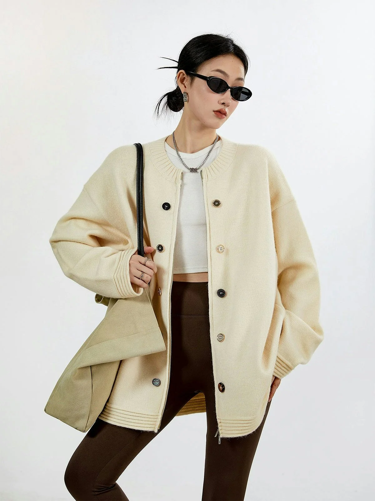 Ribbed Trim Oversized Button Zip Knit Cardigan - Image 22