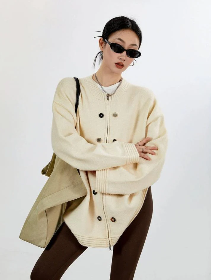 Ribbed Trim Oversized Button Zip Knit Cardigan - Image 23