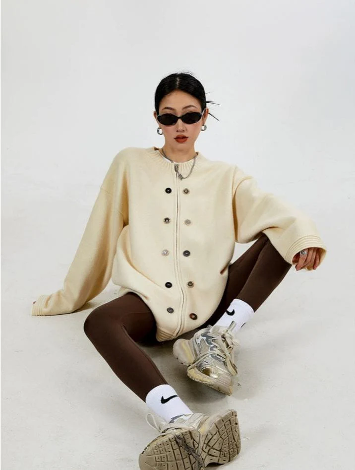 Ribbed Trim Oversized Button Zip Knit Cardigan - Image 26