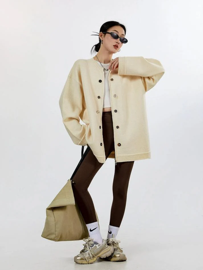 Ribbed Trim Oversized Button Zip Knit Cardigan - Image 27