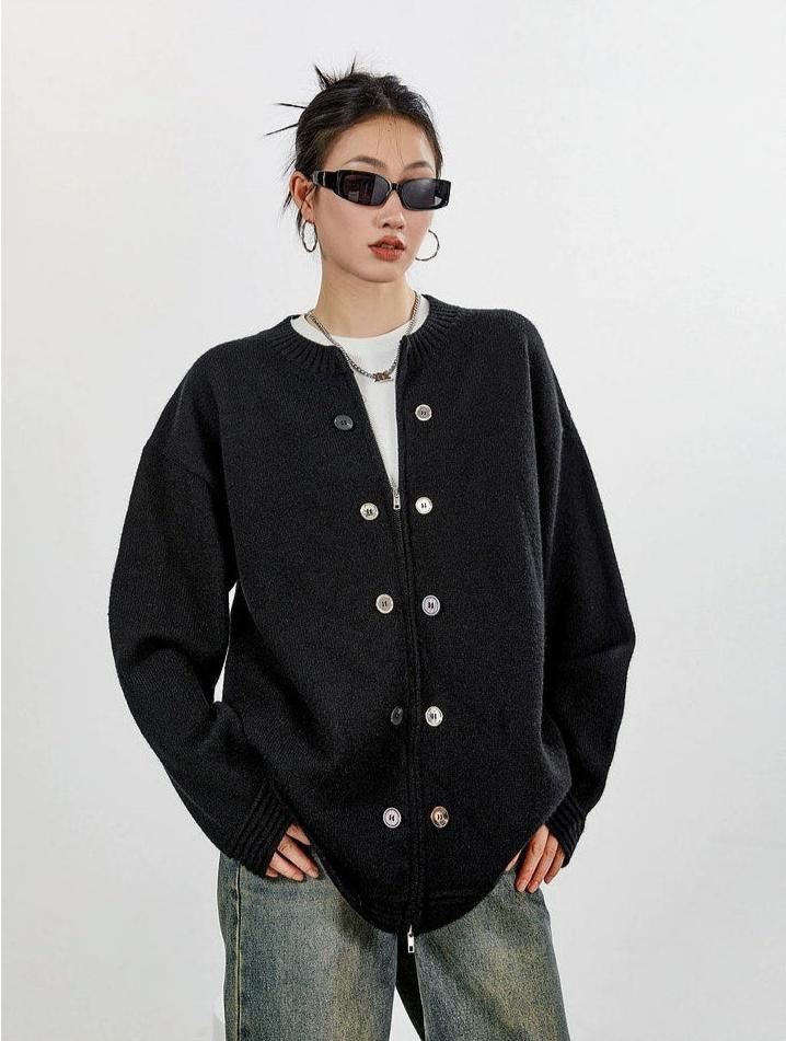 Ribbed Trim Oversized Button Zip Knit Cardigan - Image 3