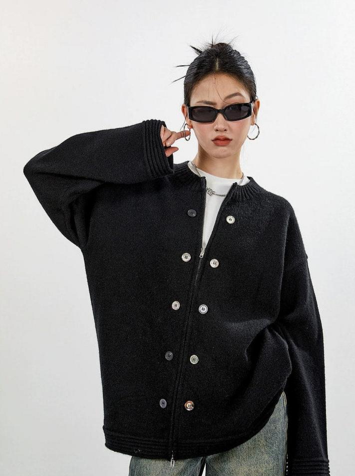 Ribbed Trim Oversized Button Zip Knit Cardigan - Image 4