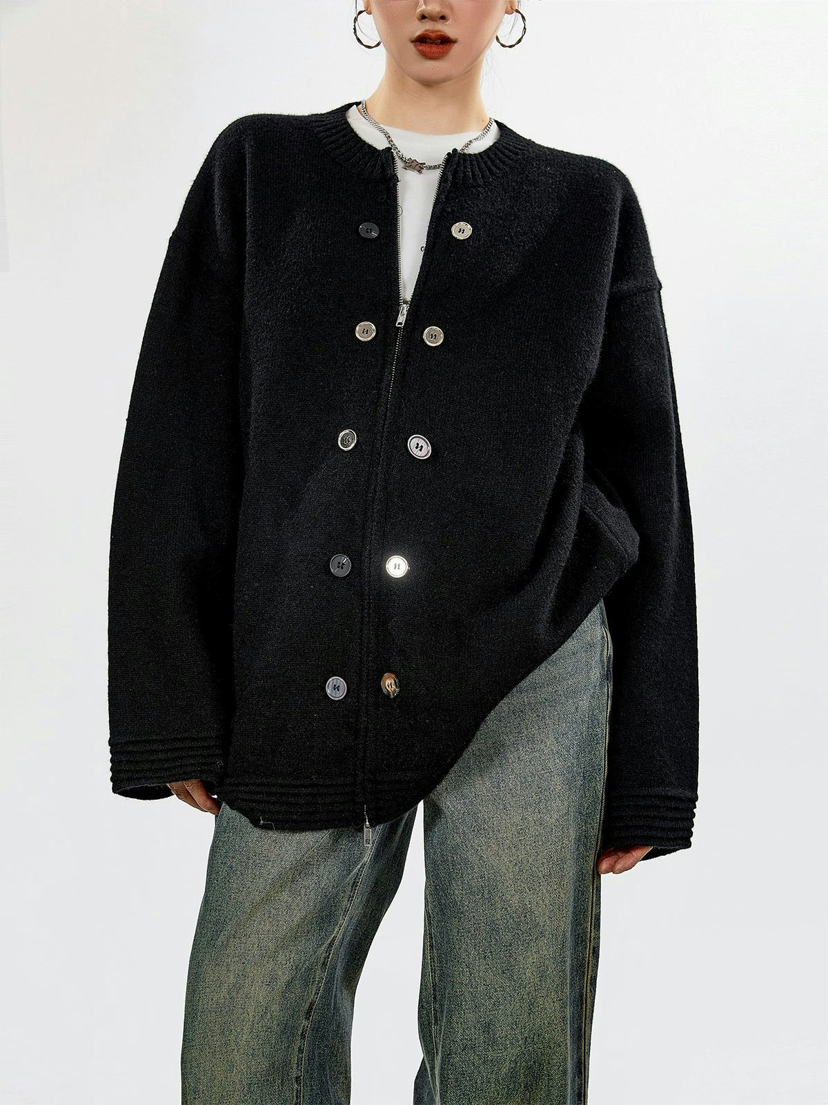 Ribbed Trim Oversized Button Zip Knit Cardigan - Image 6