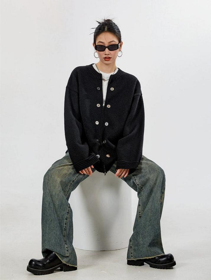 Ribbed Trim Oversized Button Zip Knit Cardigan - Image 7