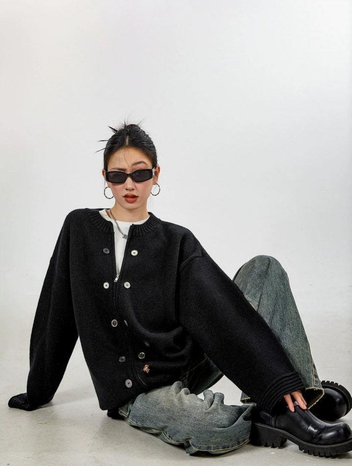 Ribbed Trim Oversized Button Zip Knit Cardigan - Image 8