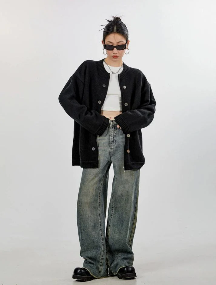Ribbed Trim Oversized Button Zip Knit Cardigan - Image 9