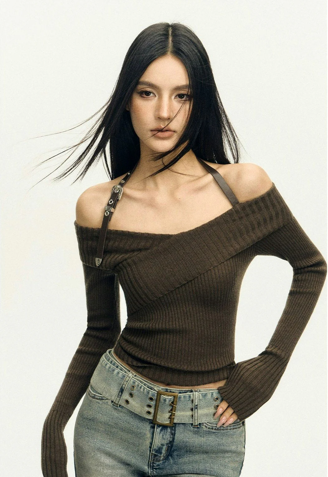 Ribbed Off-Shoulder Brown Knit Top - Image 6