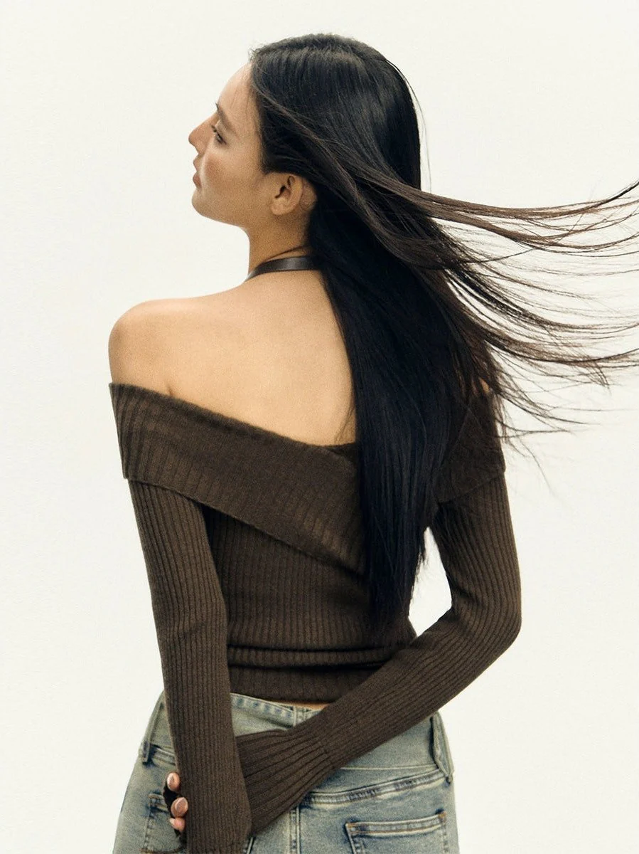 Ribbed Off-Shoulder Brown Knit Top - Image 7