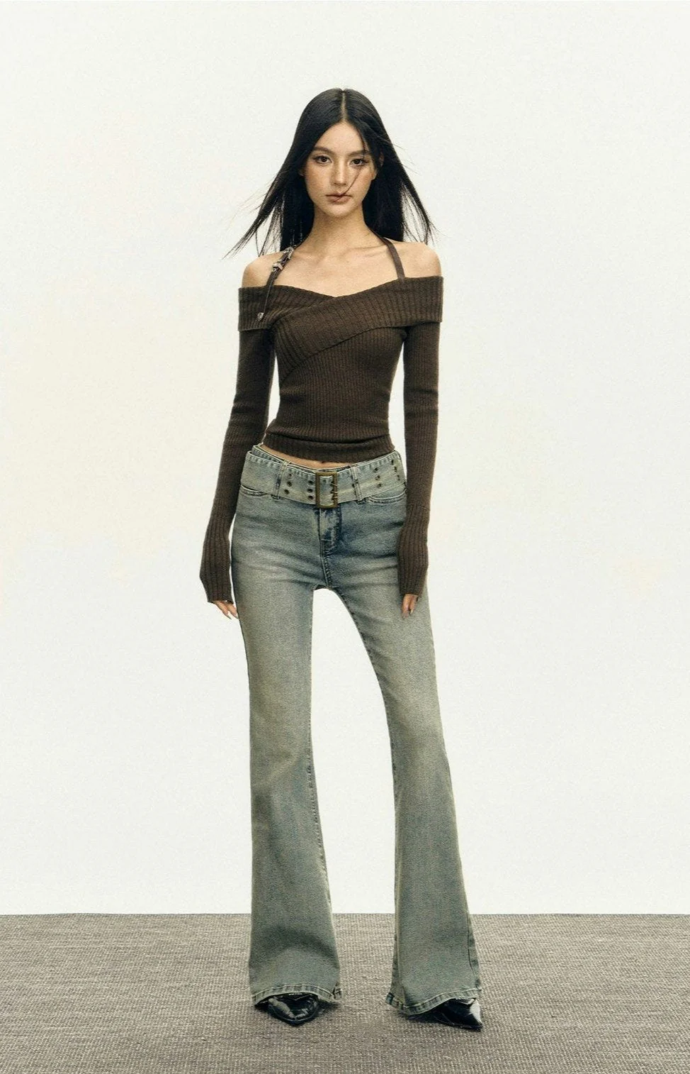 Ribbed Off-Shoulder Brown Knit Top - Image 8