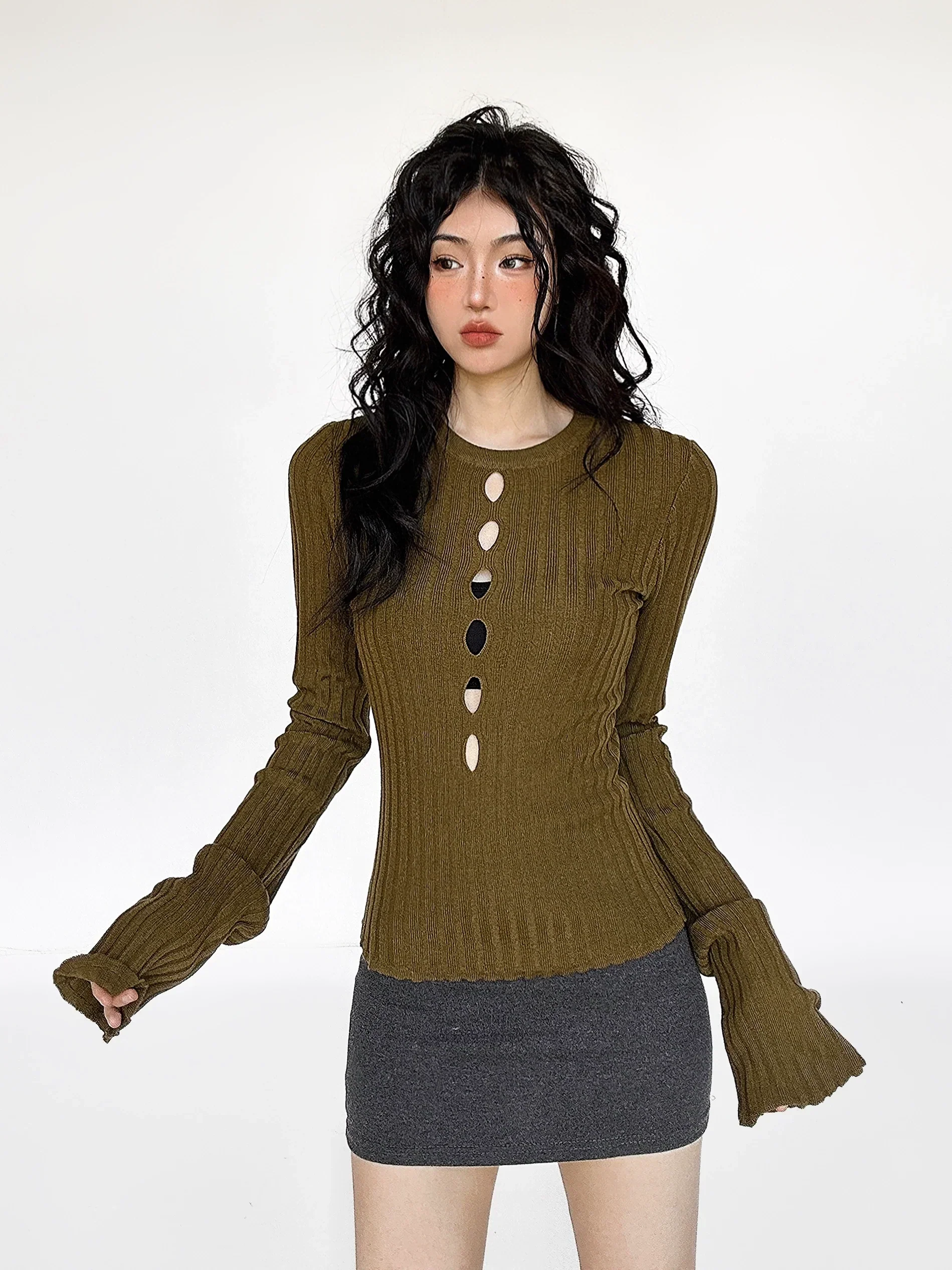 Cutout Ribbed Bell Sleeve Top - Image 16