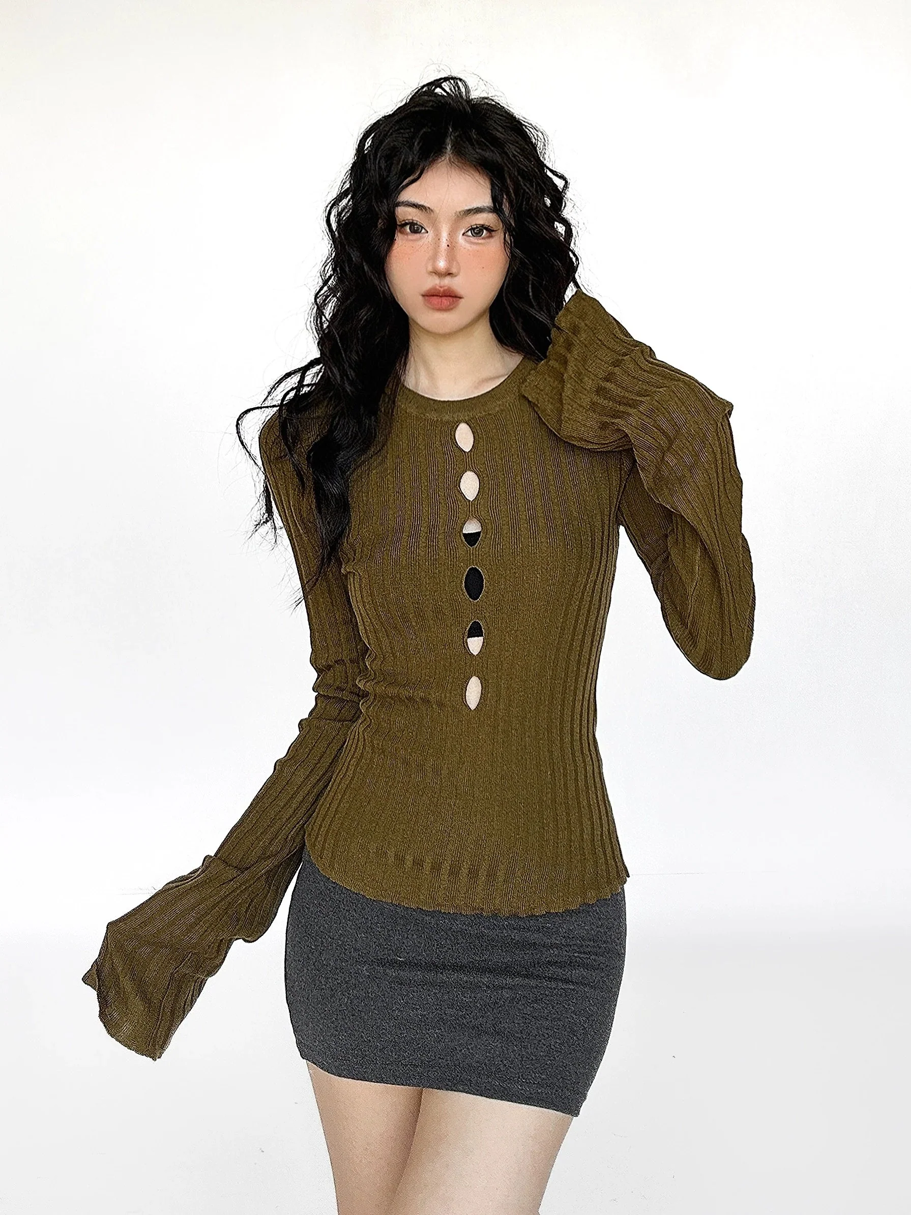 Cutout Ribbed Bell Sleeve Top - Image 3