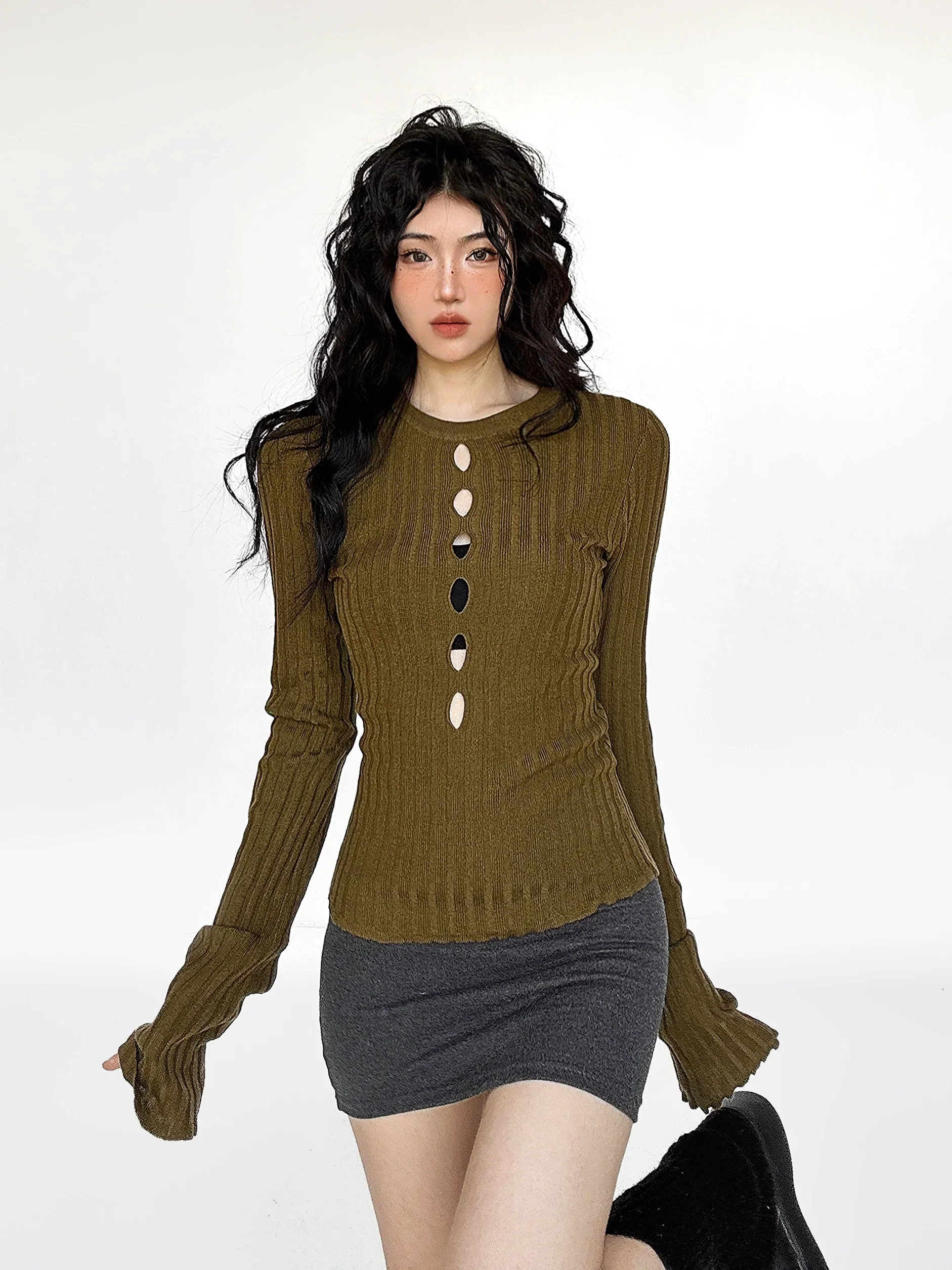 Cutout Ribbed Bell Sleeve Top - Image 4