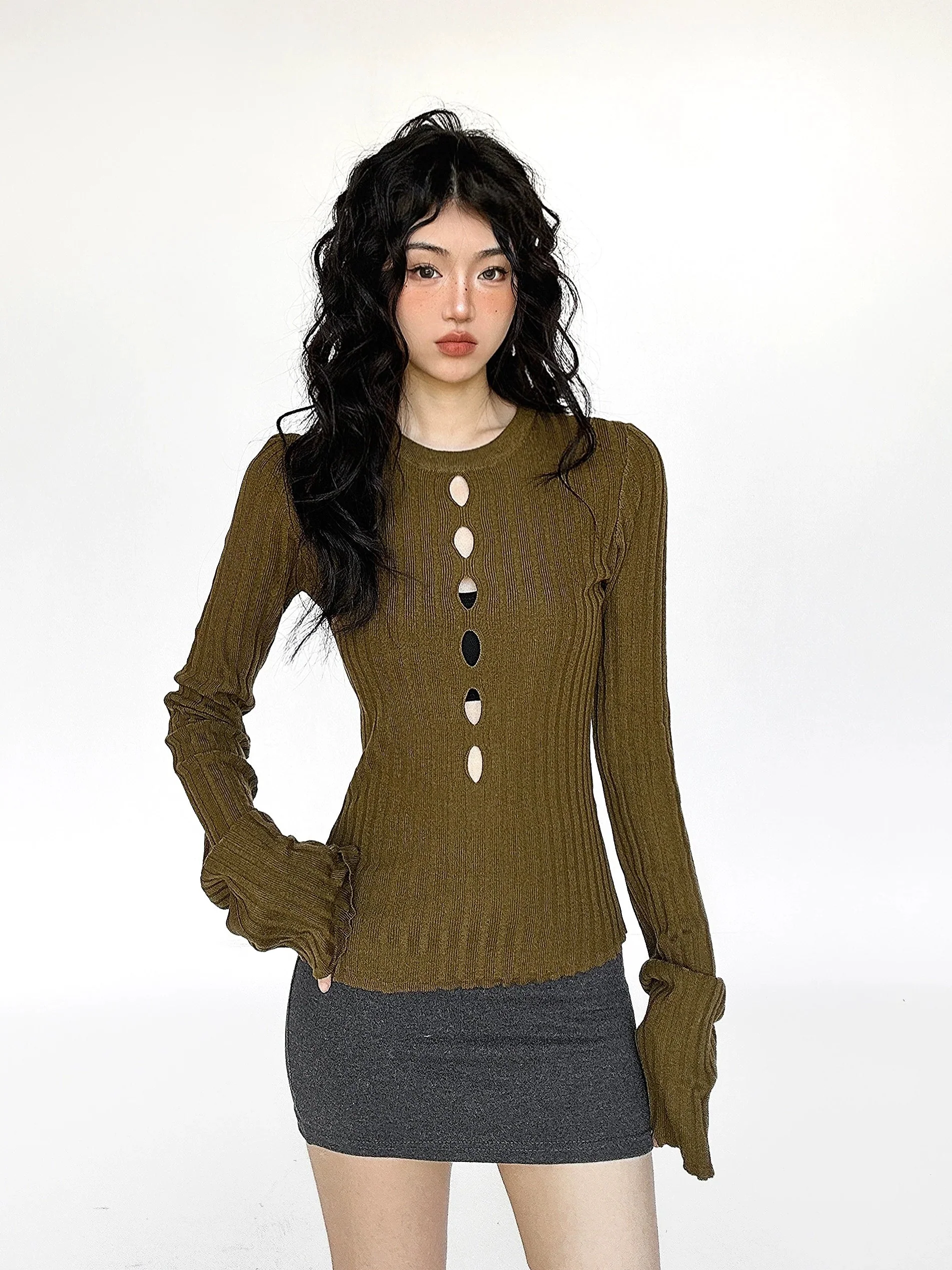 Cutout Ribbed Bell Sleeve Top - Image 5