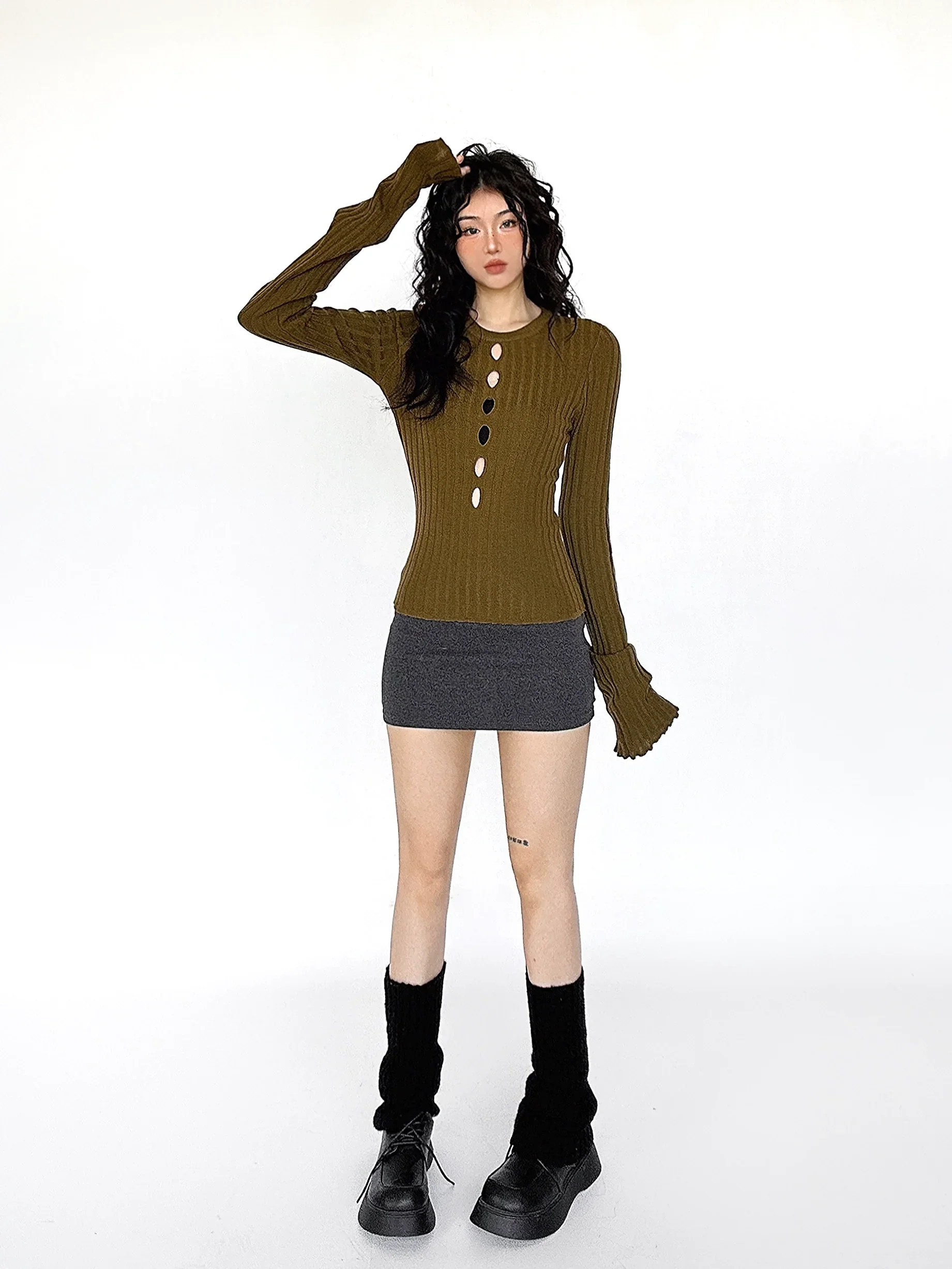 Cutout Ribbed Bell Sleeve Top - Image 6
