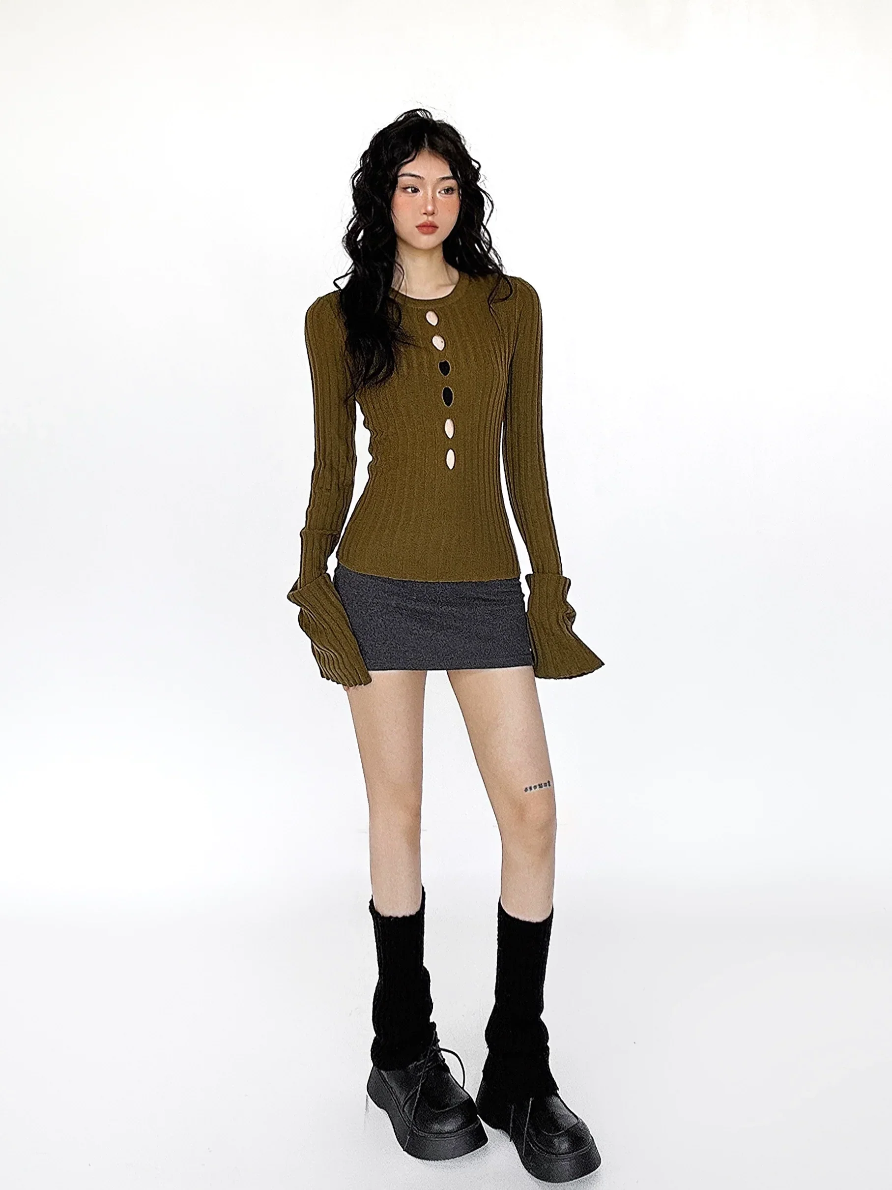 Cutout Ribbed Bell Sleeve Top - Image 8