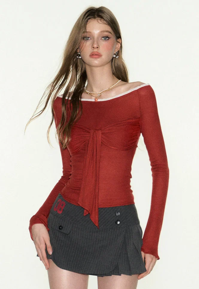 Red Long Sleeves Off-Shoulder Tie-Front Top