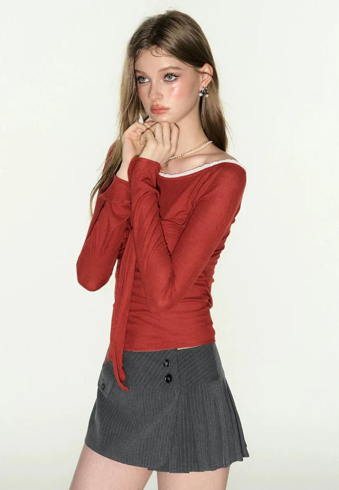 Red Long Sleeves Off-Shoulder Tie-Front Top - Image 10