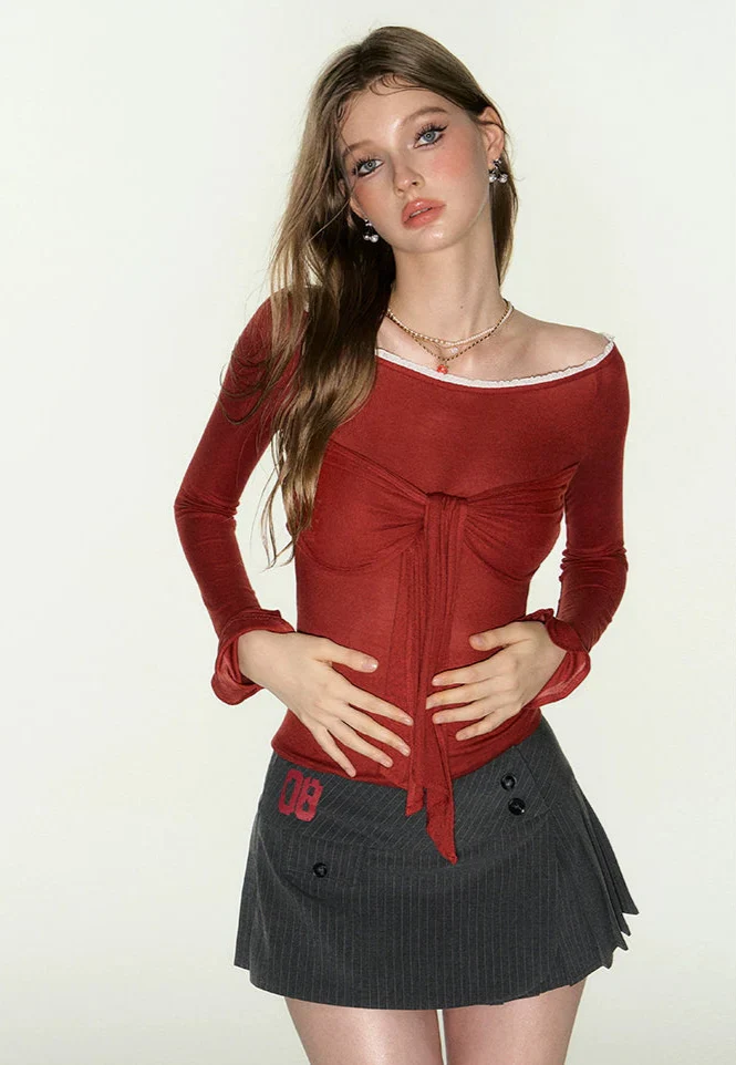 Red Long Sleeves Off-Shoulder Tie-Front Top - Image 5