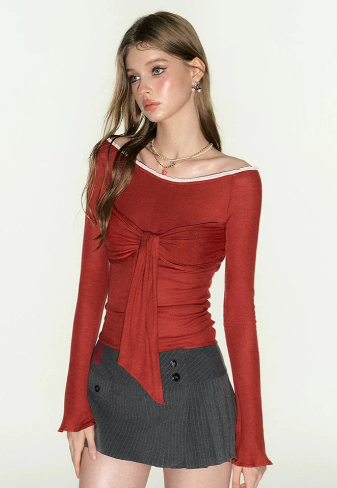 Red Long Sleeves Off-Shoulder Tie-Front Top - Image 6