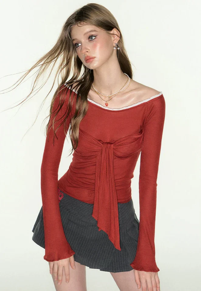 Red Long Sleeves Off-Shoulder Tie-Front Top - Image 7