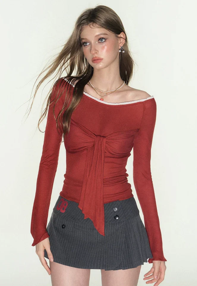 Red Long Sleeves Off-Shoulder Tie-Front Top - Image 9