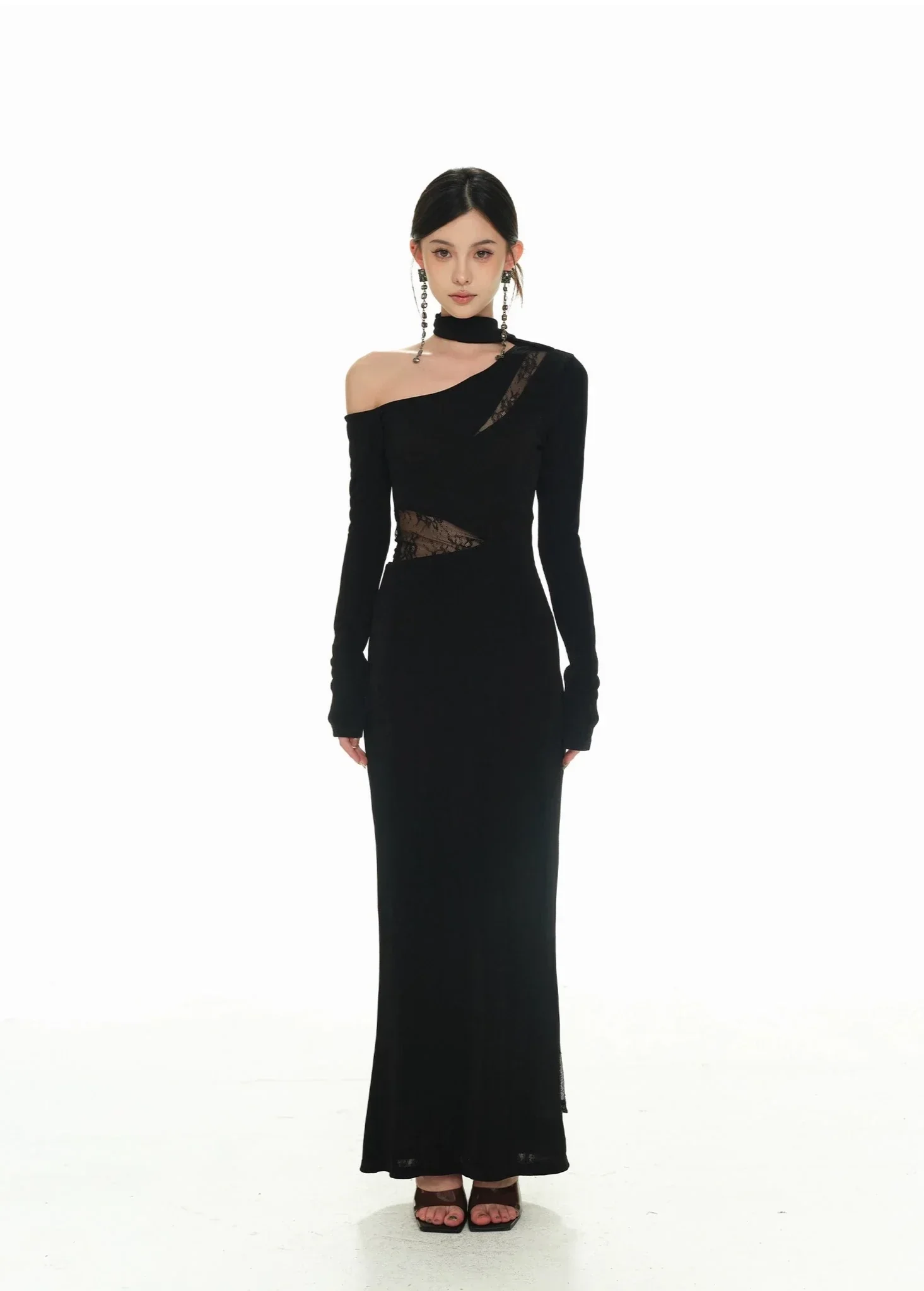 Black Asymmetric Neckline and Lace Inserts Long Evening Gown