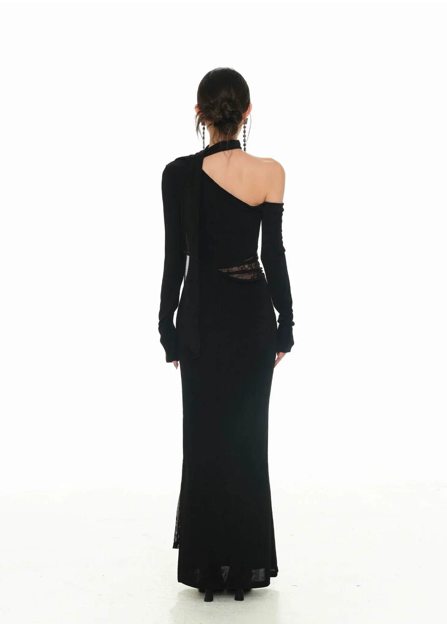 Black Asymmetric Neckline and Lace Inserts Long Evening Gown - Image 10