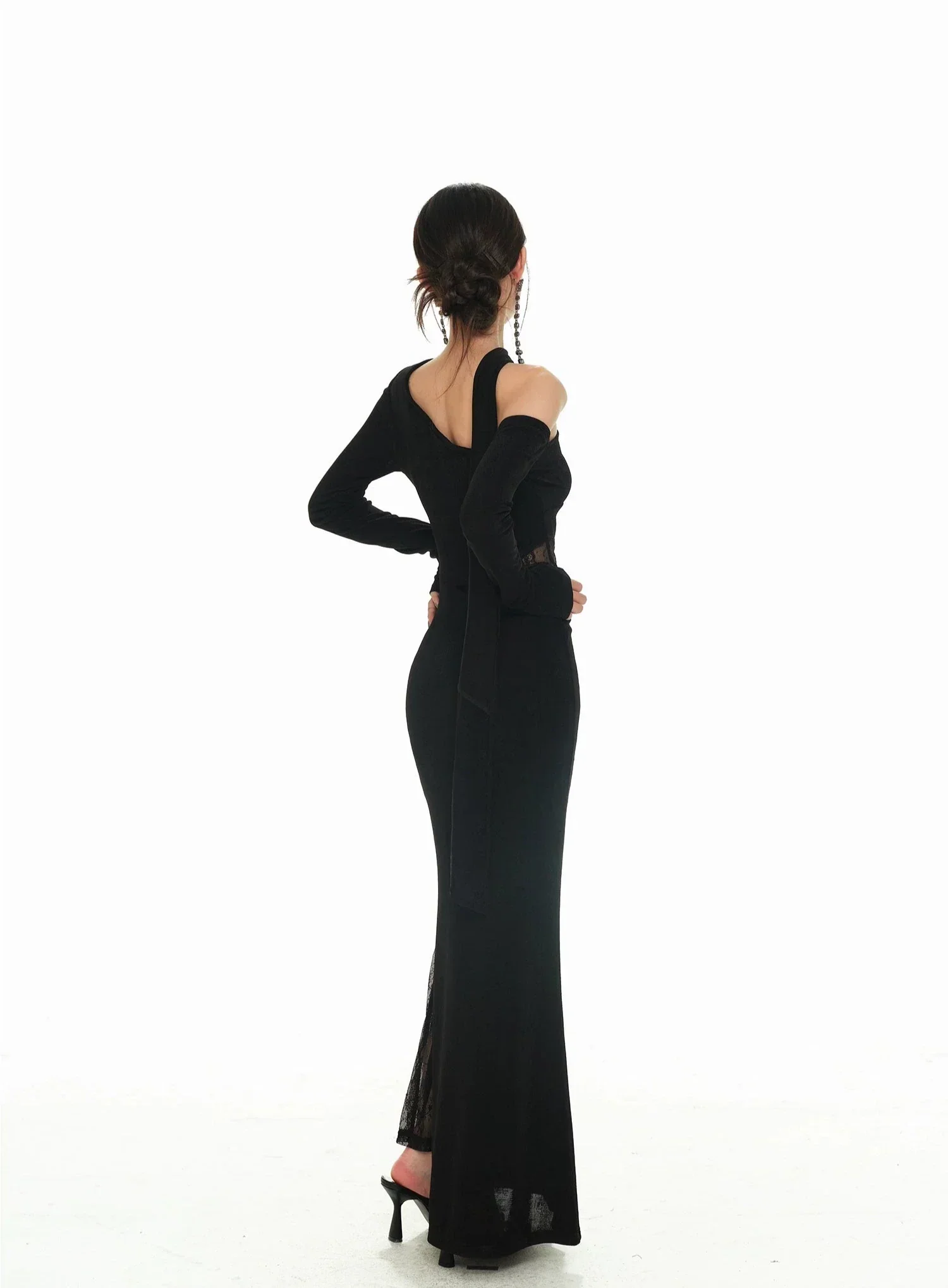 Black Asymmetric Neckline and Lace Inserts Long Evening Gown - Image 11