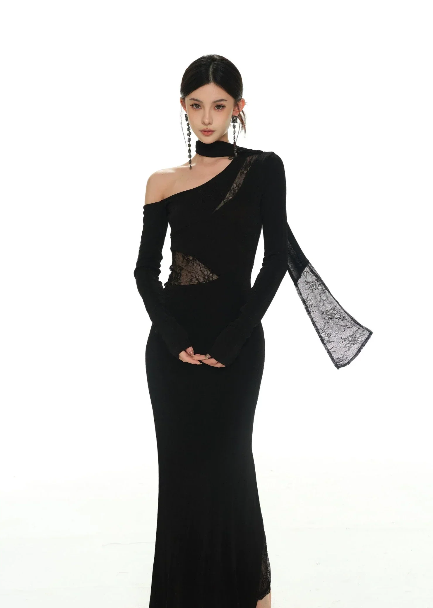 Black Asymmetric Neckline and Lace Inserts Long Evening Gown - Image 12