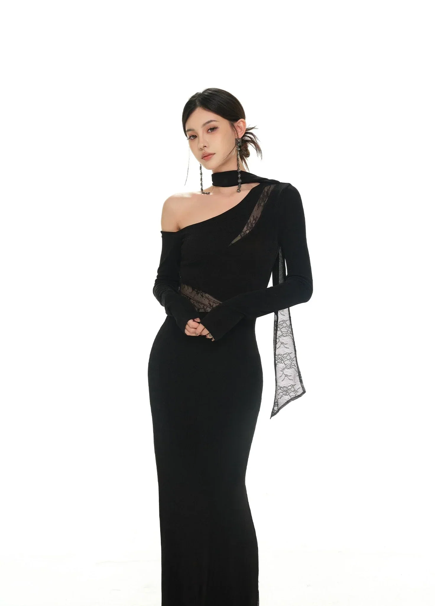 Black Asymmetric Neckline and Lace Inserts Long Evening Gown - Image 13
