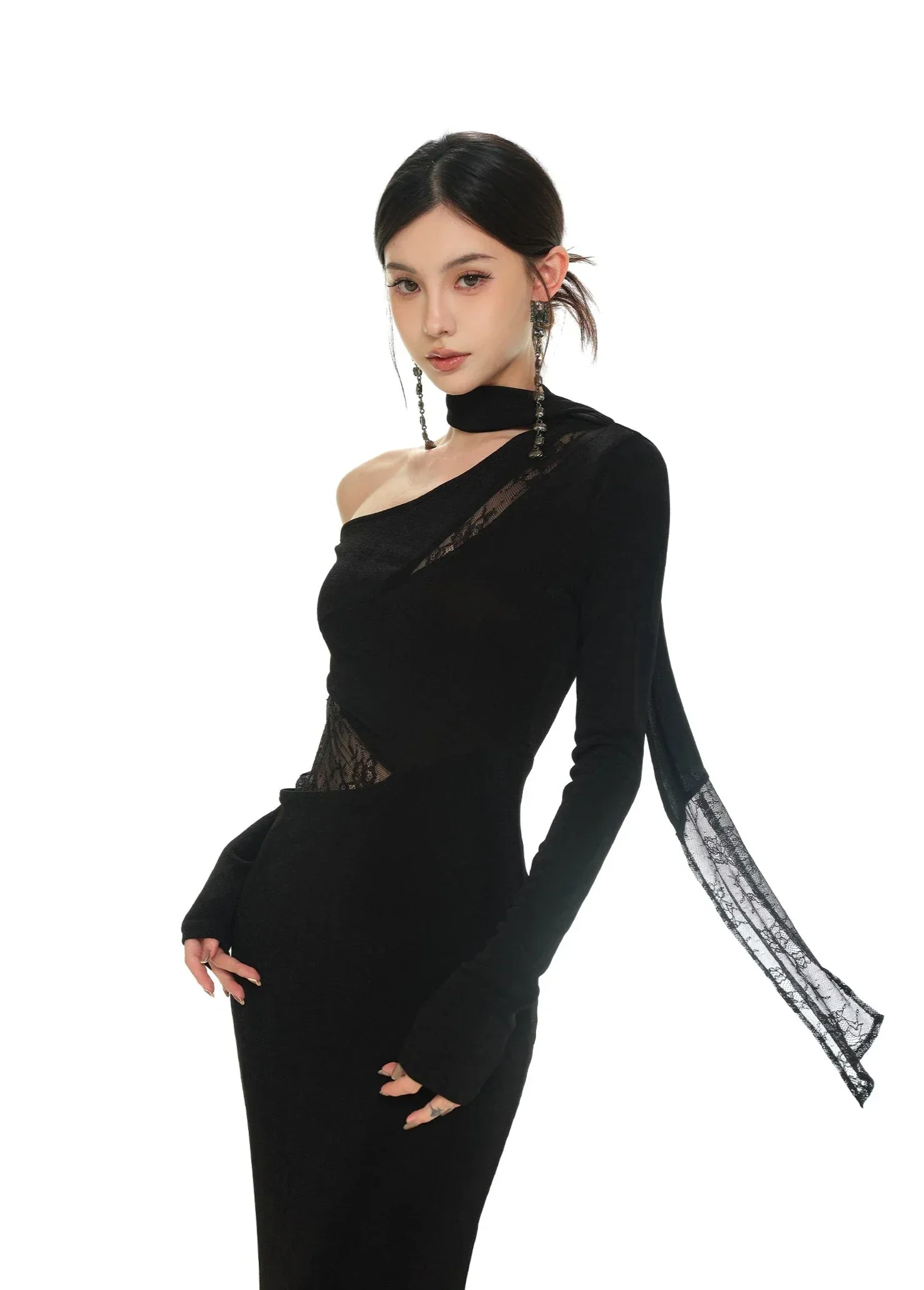 Black Asymmetric Neckline and Lace Inserts Long Evening Gown - Image 2
