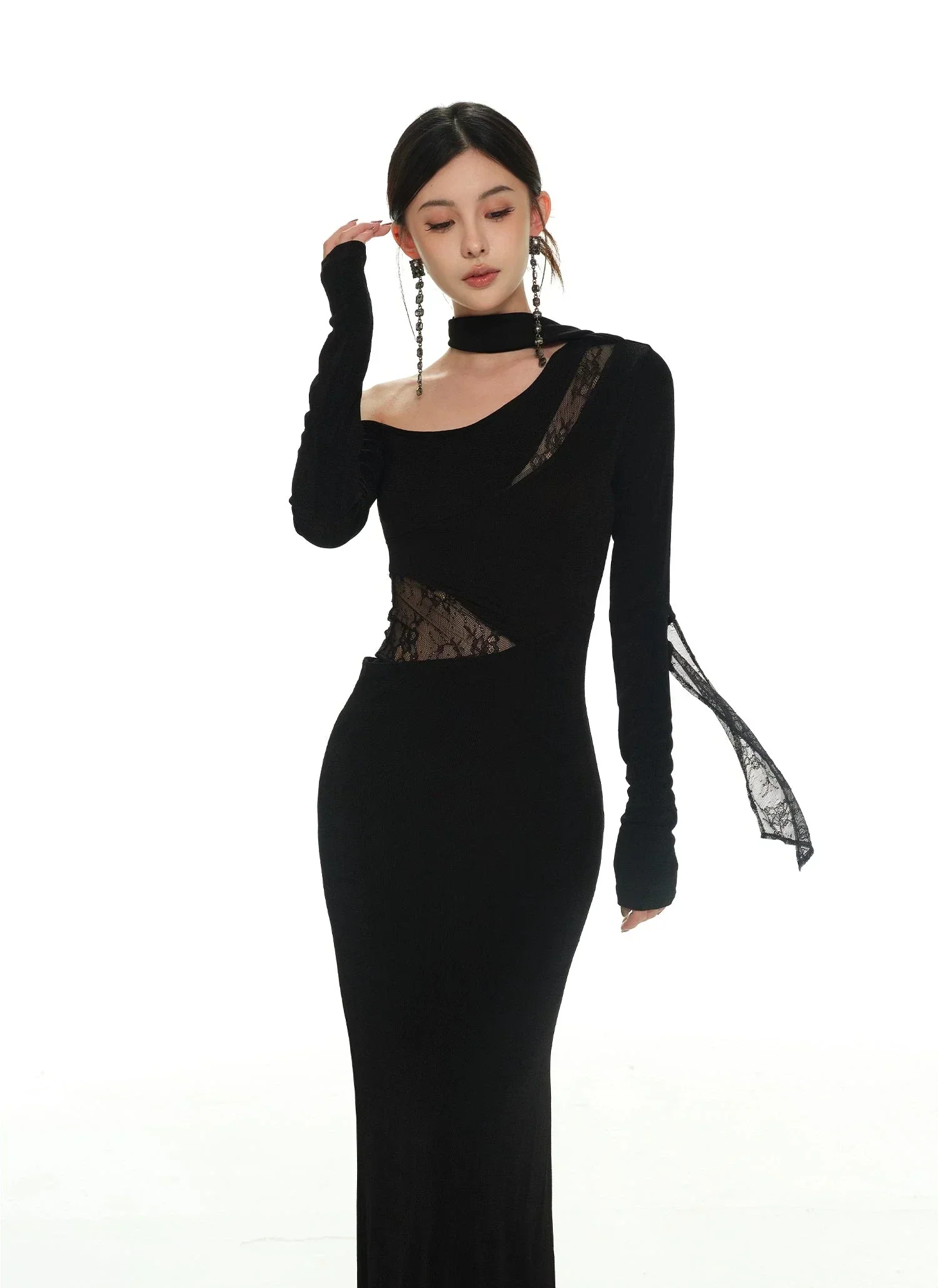 Black Asymmetric Neckline and Lace Inserts Long Evening Gown - Image 3