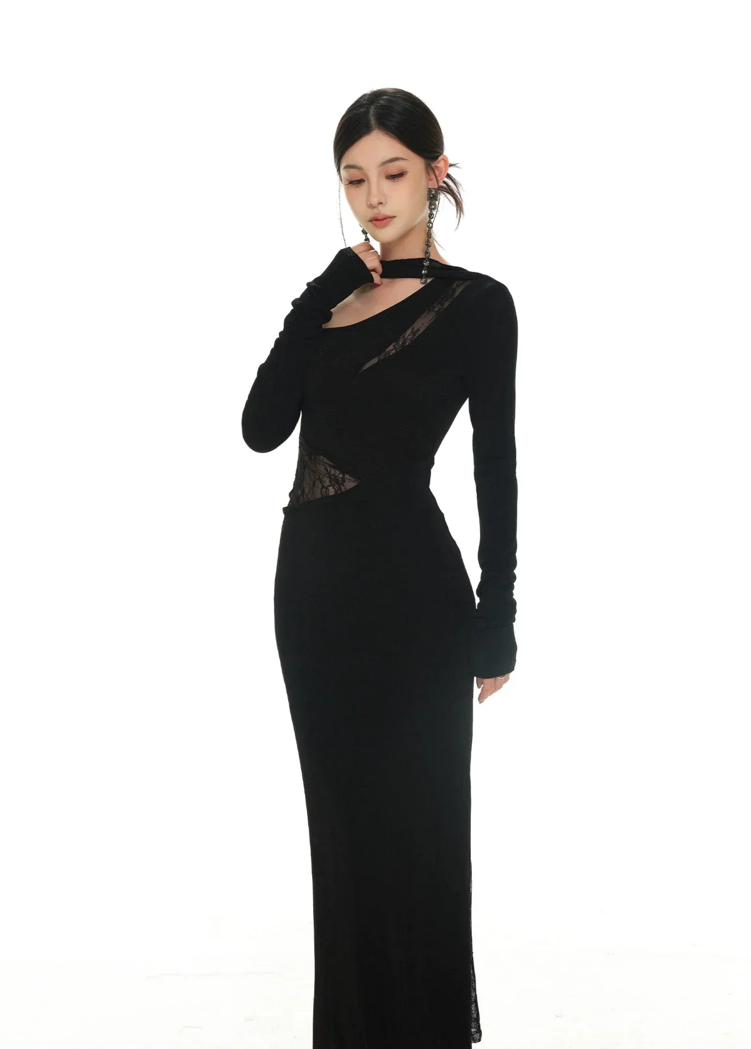 Black Asymmetric Neckline and Lace Inserts Long Evening Gown - Image 4