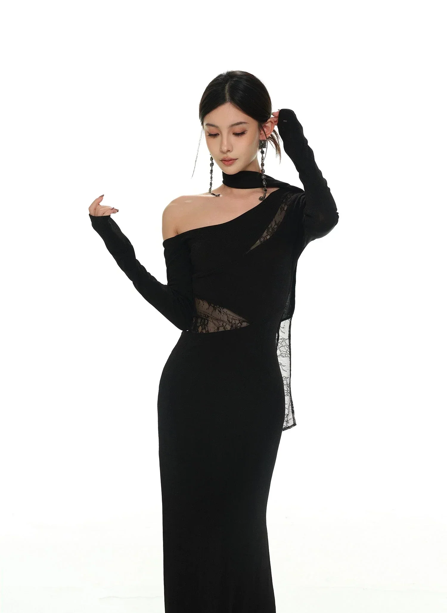 Black Asymmetric Neckline and Lace Inserts Long Evening Gown - Image 5