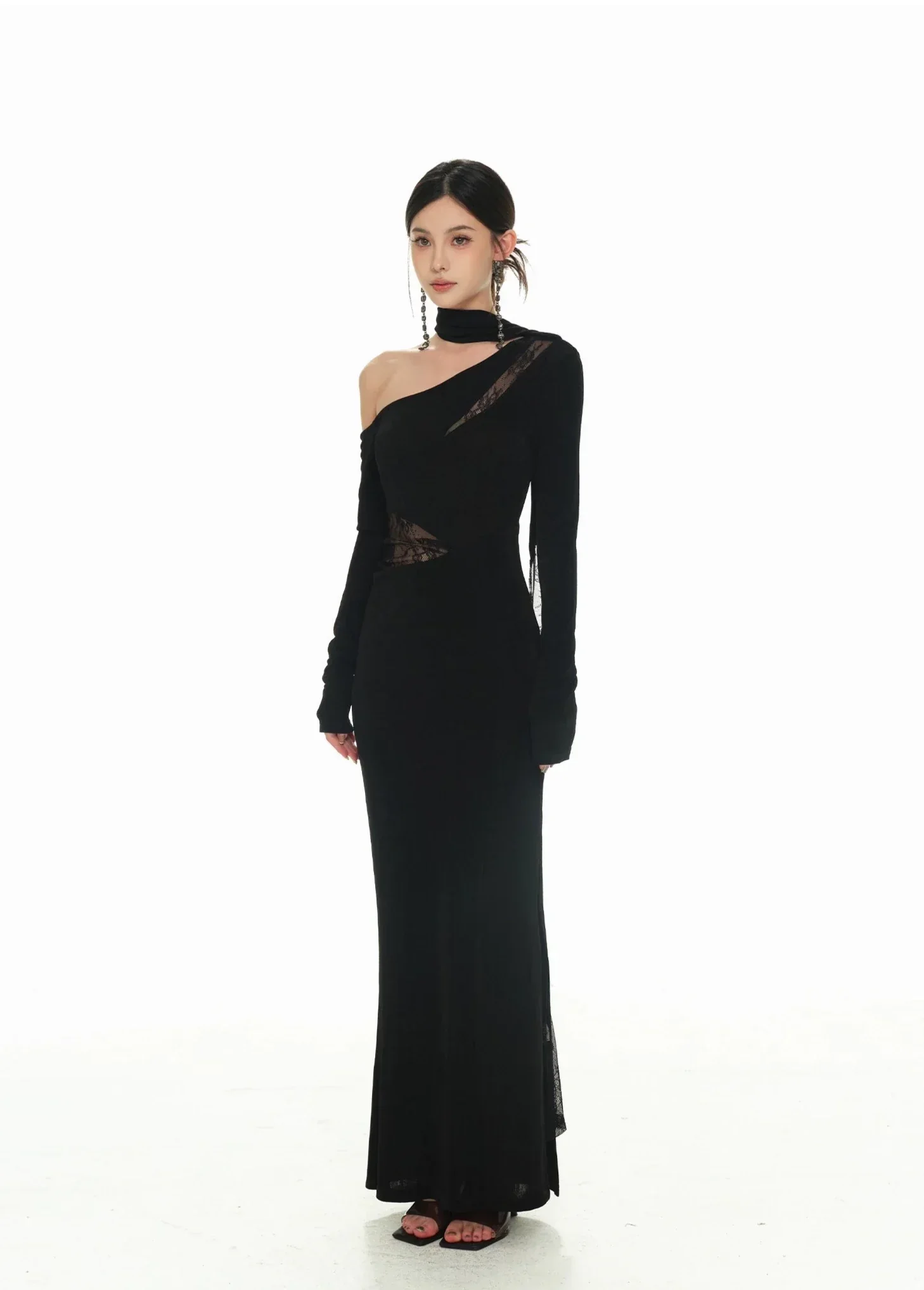 Black Asymmetric Neckline and Lace Inserts Long Evening Gown - Image 6
