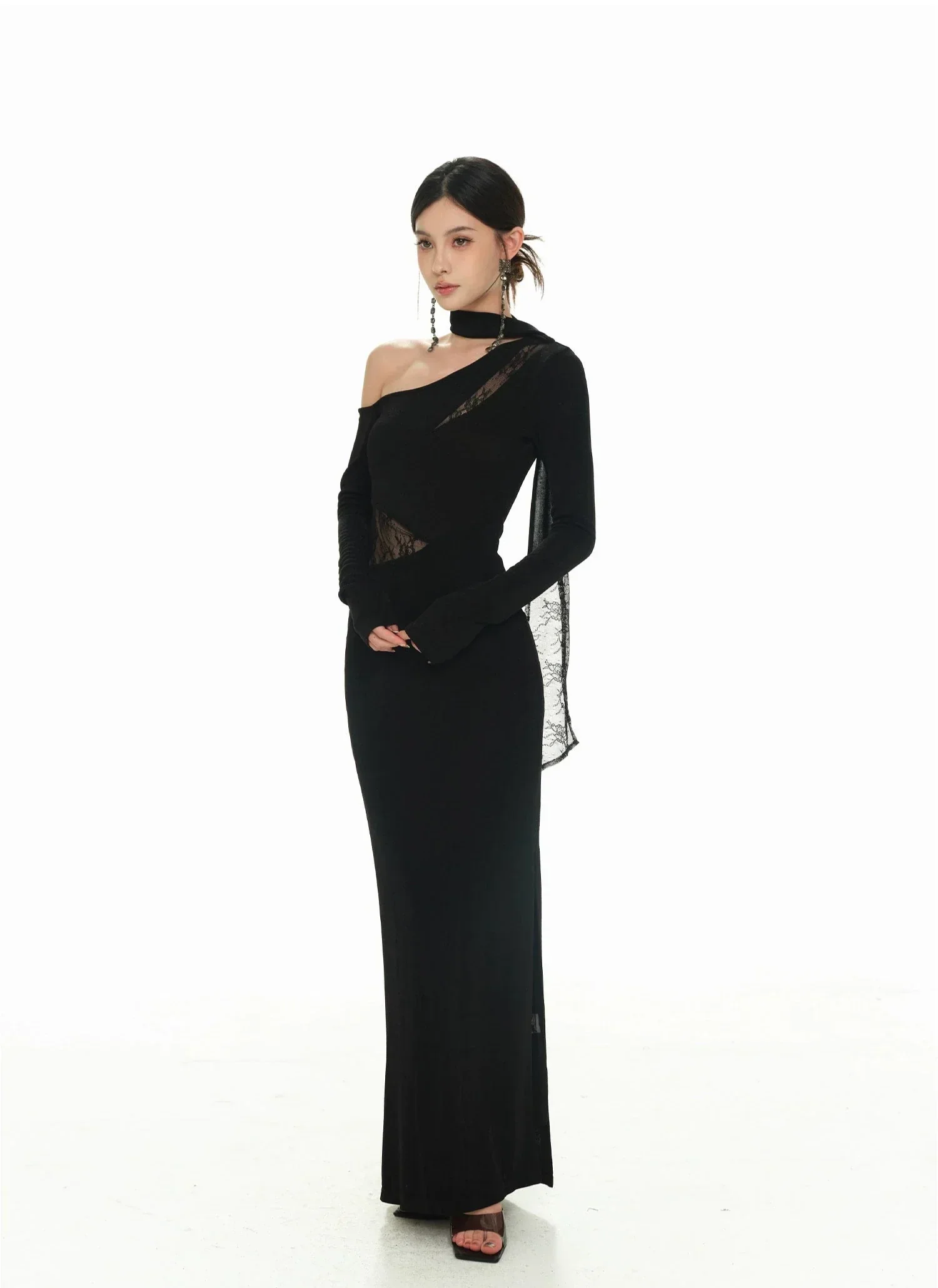 Black Asymmetric Neckline and Lace Inserts Long Evening Gown - Image 7