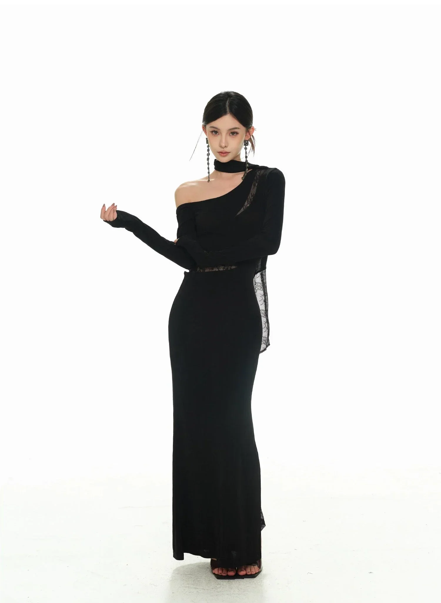 Black Asymmetric Neckline and Lace Inserts Long Evening Gown - Image 8