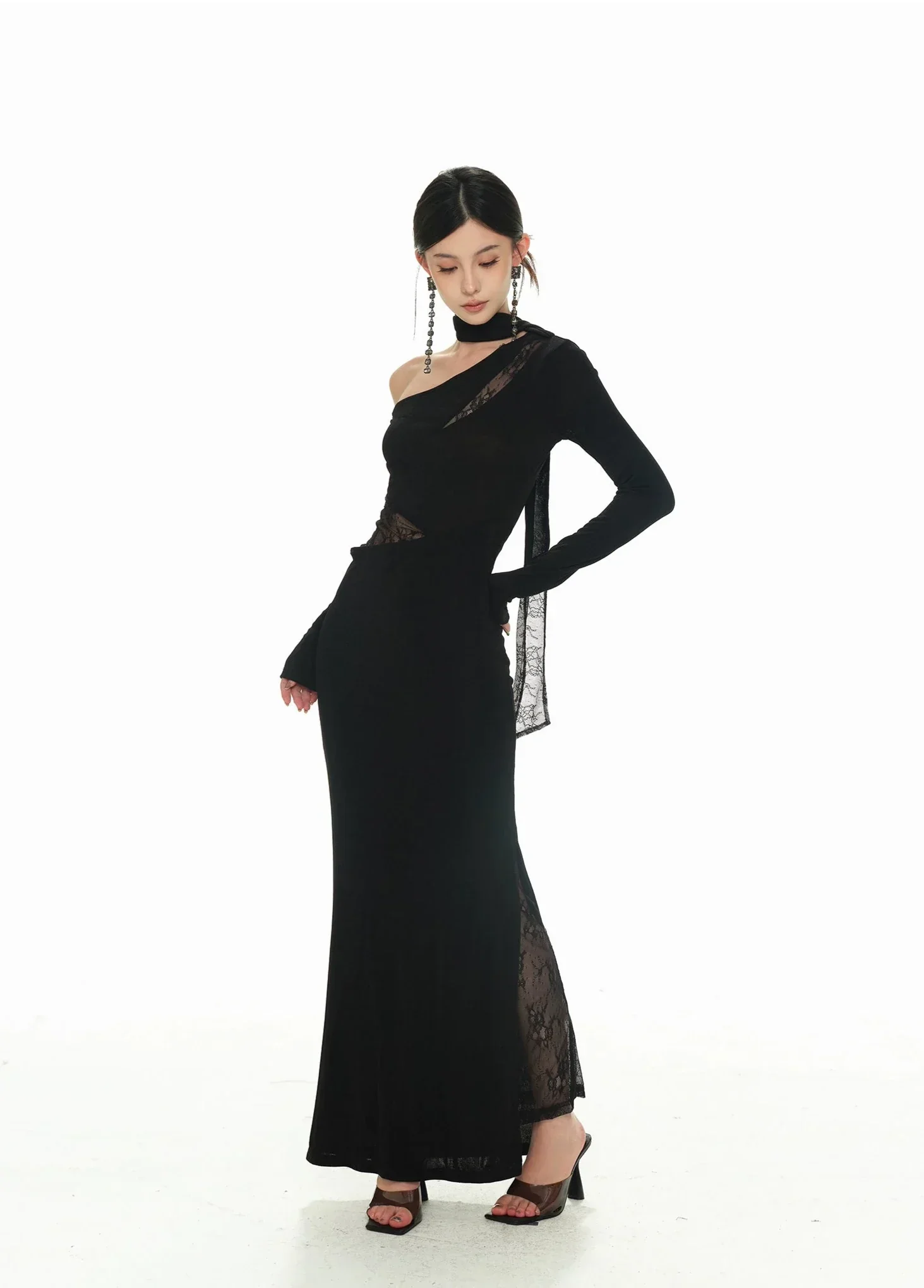 Black Asymmetric Neckline and Lace Inserts Long Evening Gown - Image 9