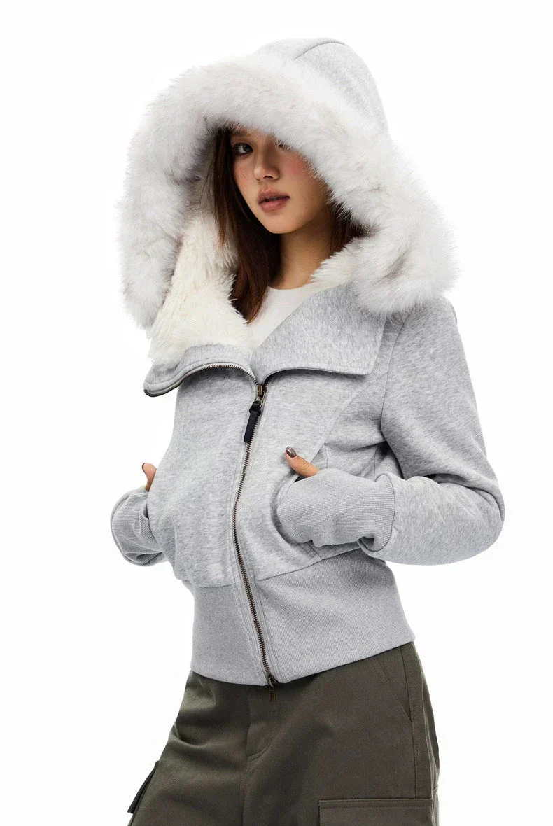 Fleece-Lined Hooded Fur-Collar Zip Short Jacket