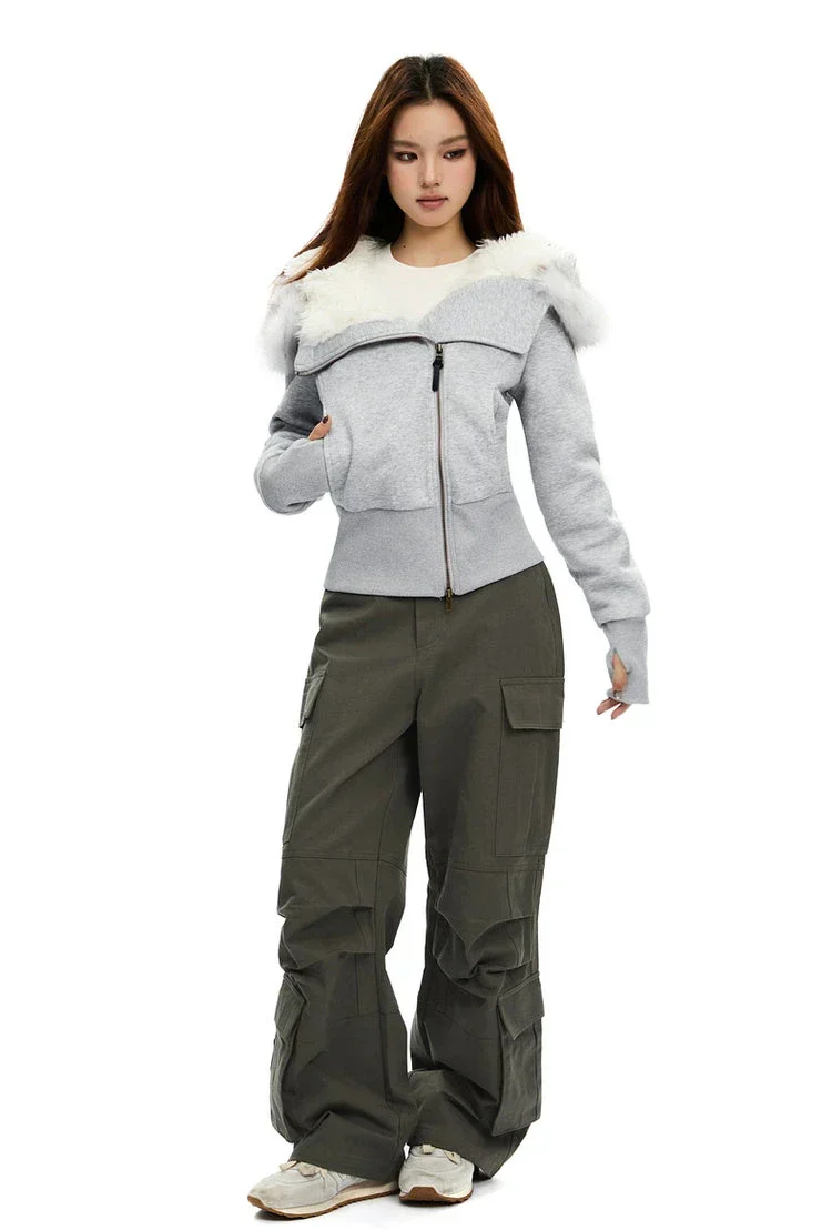 Fleece-Lined Hooded Fur-Collar Zip Short Jacket - Image 10