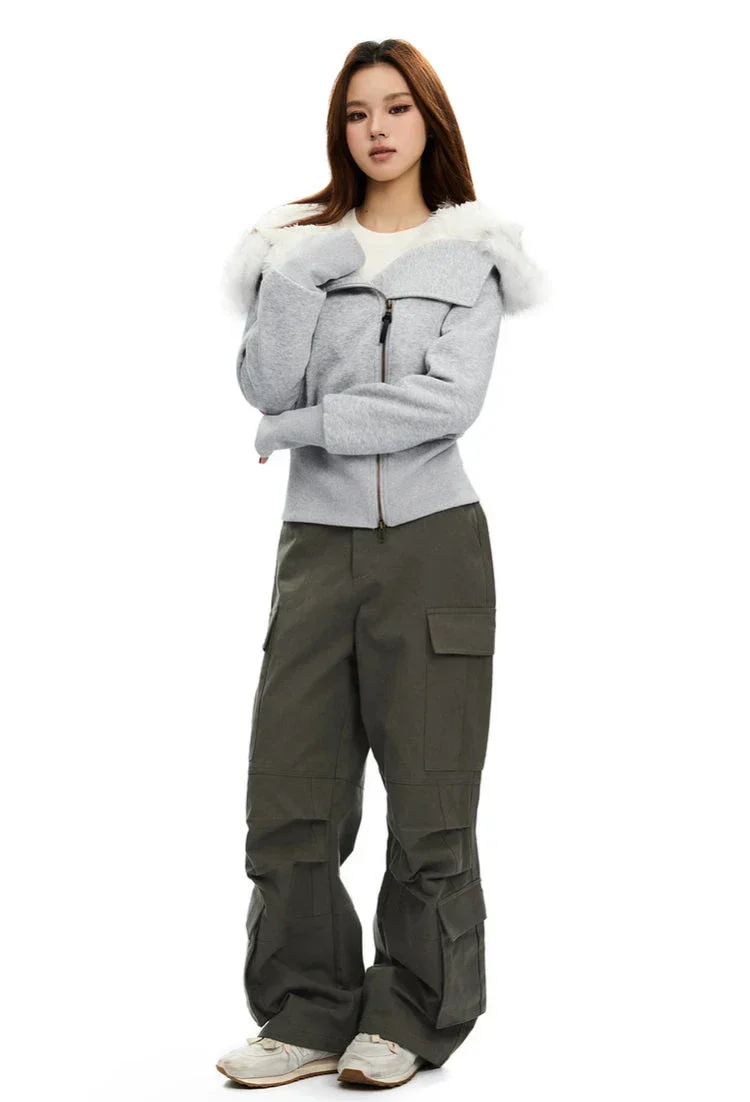 Fleece-Lined Hooded Fur-Collar Zip Short Jacket - Image 12