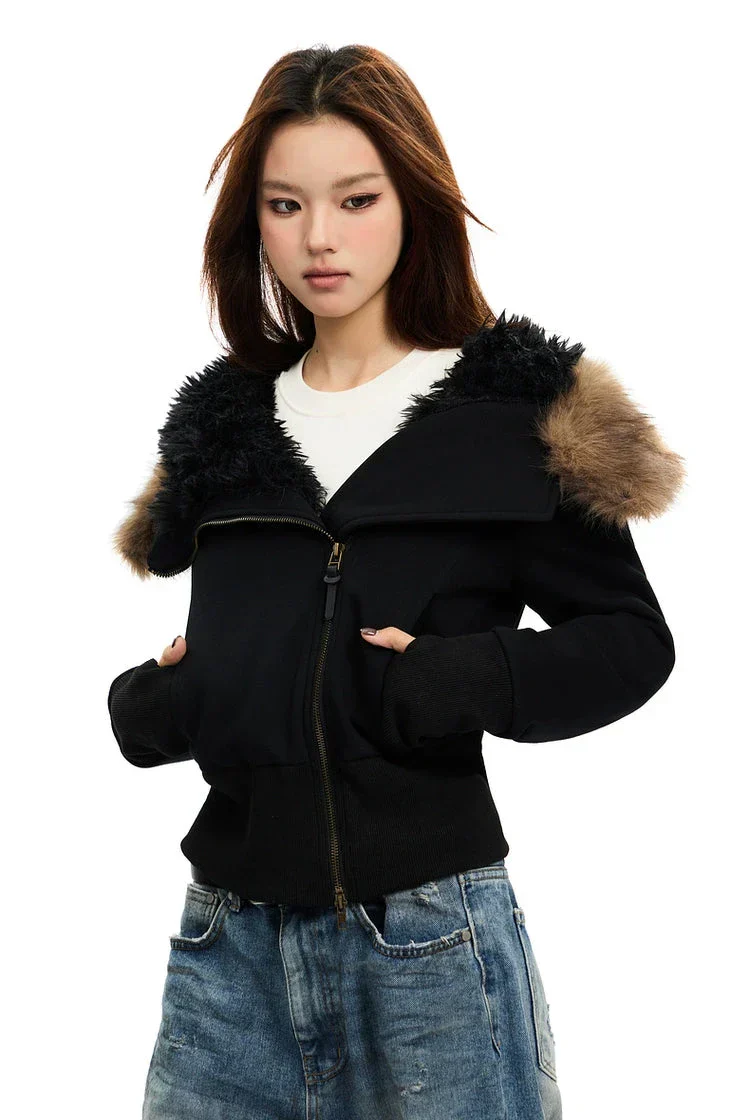 Fleece-Lined Hooded Fur-Collar Zip Short Jacket - Image 13