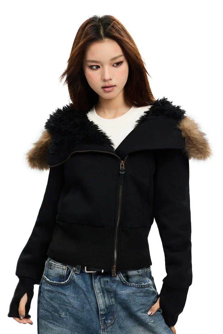 Fleece-Lined Hooded Fur-Collar Zip Short Jacket - Image 14